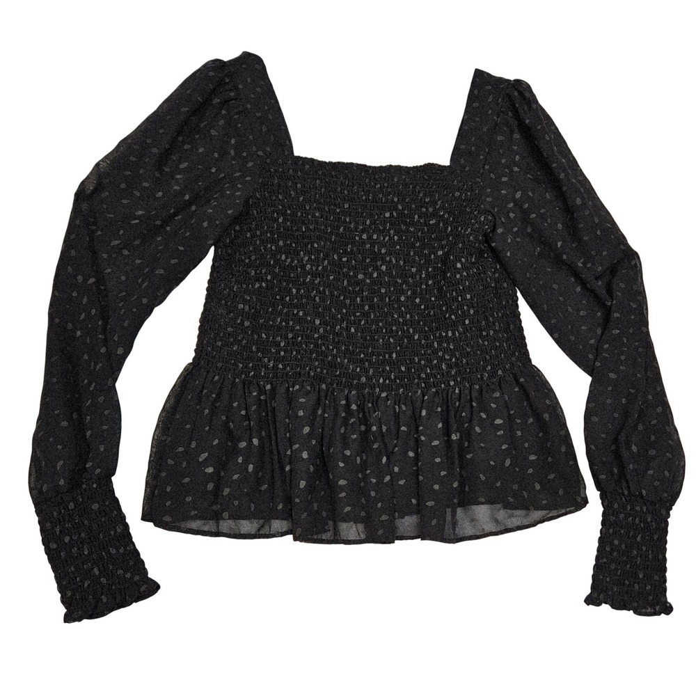 Black Smocked Flocked Polka Dot Peplum Blouse M Dark Academic Goth Victorian